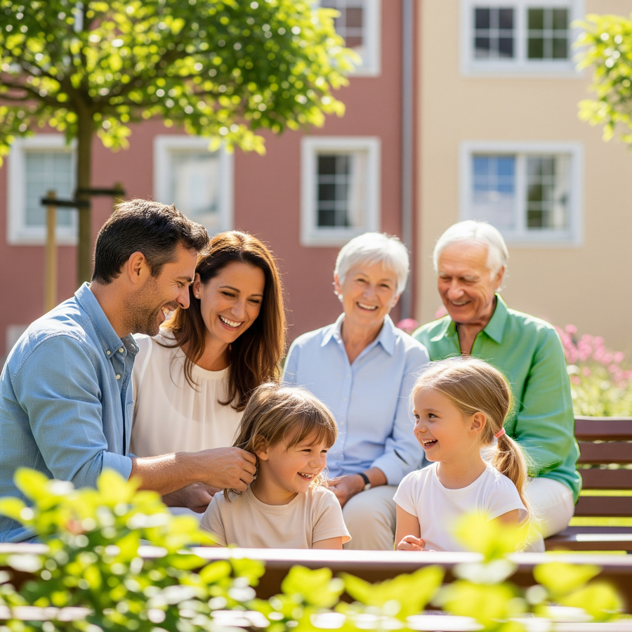 happy family in their building shared garden. щастливо семейство в общата градина на сградата им